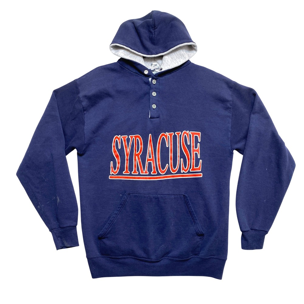 Vintage Syracuse Hoodie Mens Large Navy Blue Henley Made in USA 90s Velva Sheen